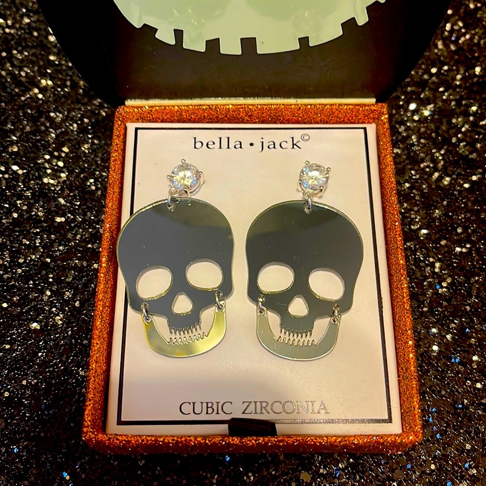 NIB Bella Jack mirrored skeleton dangle earrings with zirconia stud, Halloween